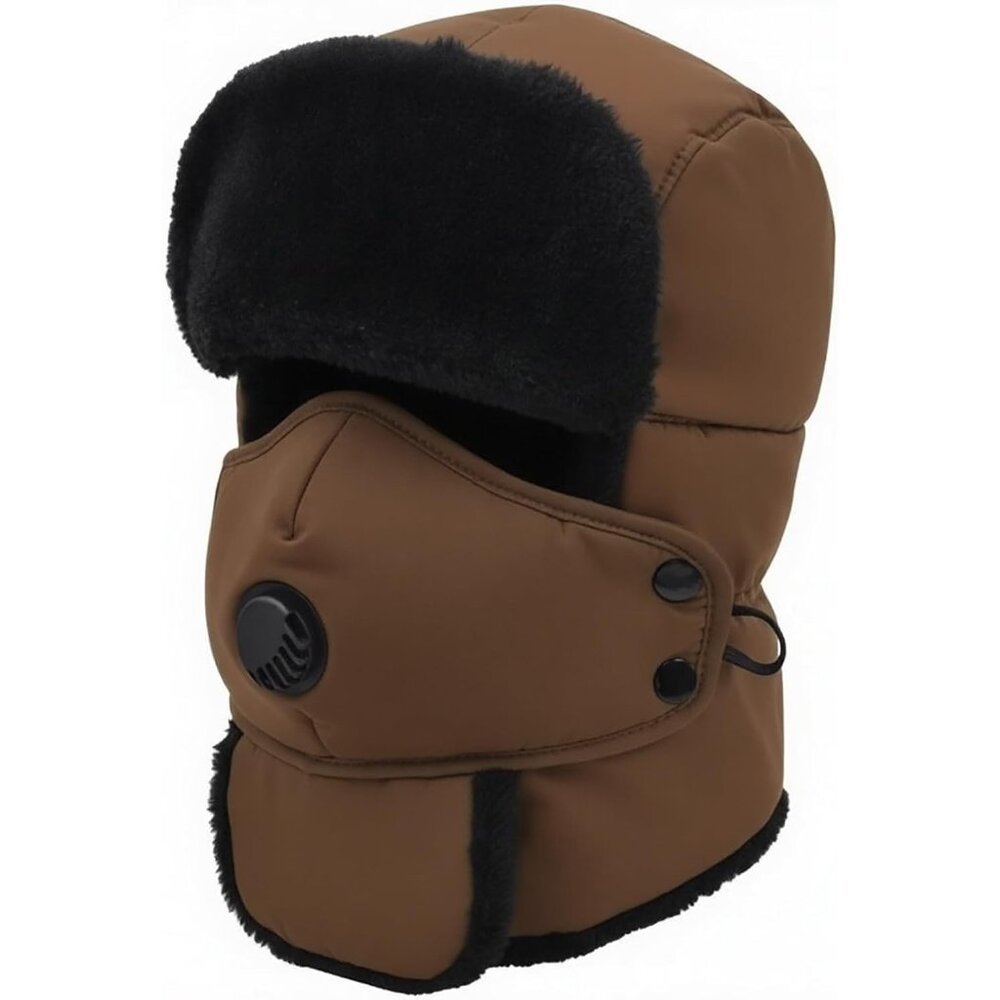 Unisex Coffee Skiing Trooper With Face Mask Winter Skiing Ear Flaps Trapper Hat